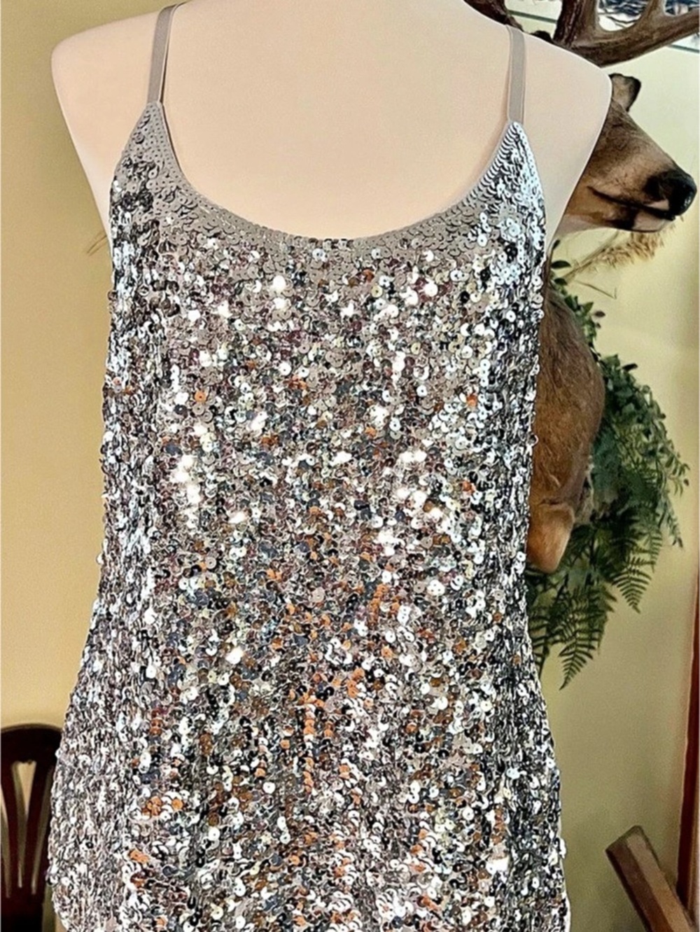 MANER Glitter Strappy Sequin Top Sparkle Cami Silver Large